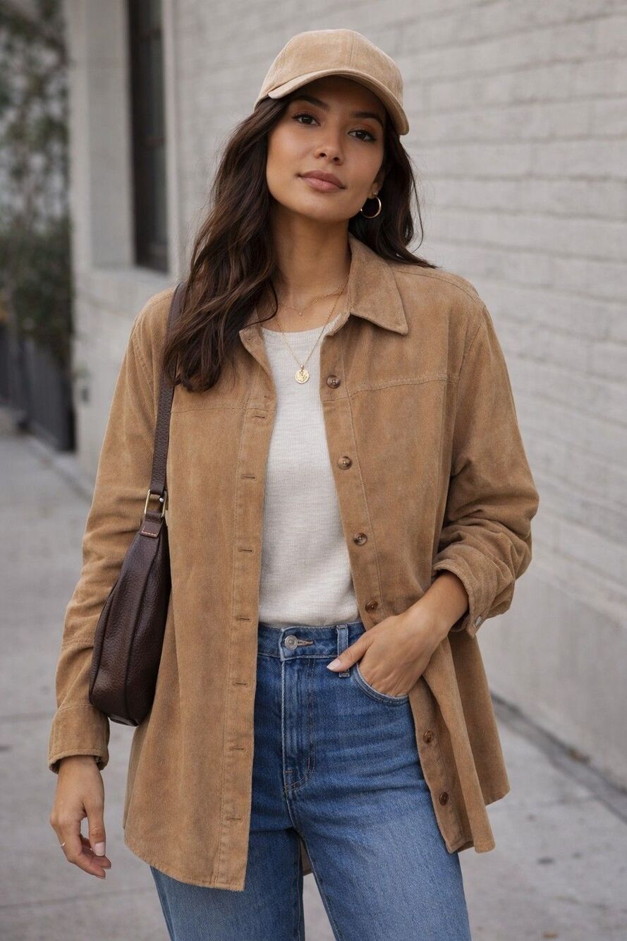 Vintage Tan Suede Leather Button-Down Western Shirt Shacket Charter Club Size M